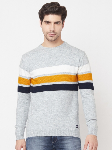 

METTLE Men Grey & Mustard Striped Pullover