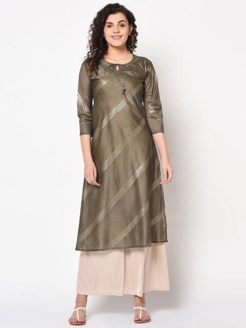 

TRUNDZ Women Olive Green Striped Keyhole Neck Kurta