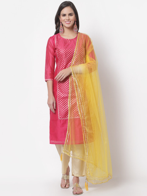 

Myshka Women Pink Embroidered Chanderi Cotton Kurta With Trousers & Dupatta