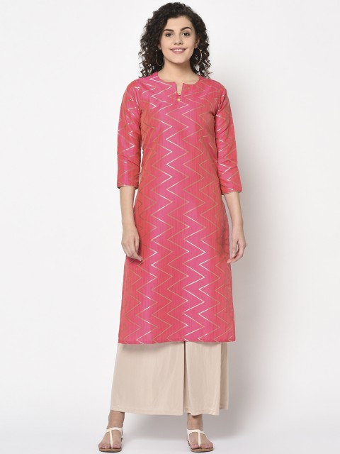 

TRUNDZ Women Pink & Gold-Toned Chevron Printed Straight Kurta