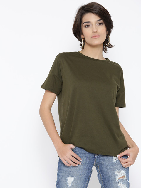 

FOREVER 21 Women Olive Green Solid Round Neck Boxy T-shirt