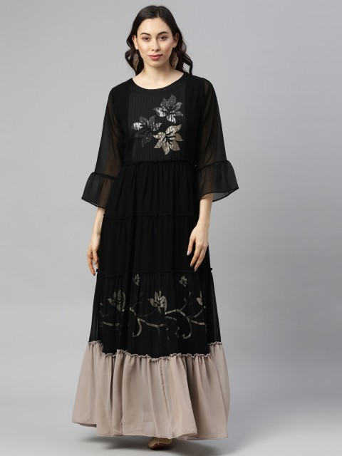 

GOLDSTROMS Woman Black Floral Printed Flared Sleeves Georgette Kurta
