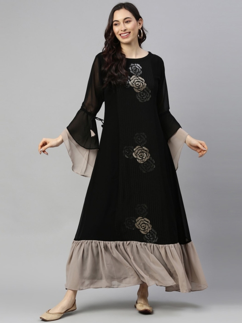 

GOLDSTROMS Women Black Embellished Bell Sleeves Georgette Kurta