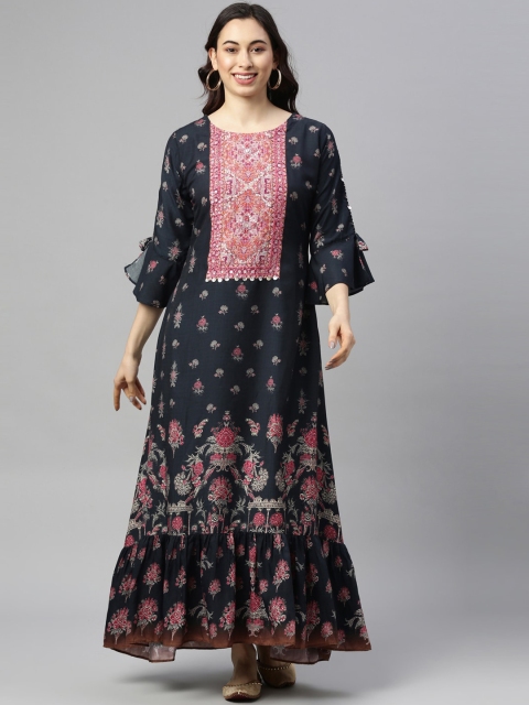 

GOLDSTROMS Women Navy Blue Floral Printed Flared Sleeves Anarkali Kurta