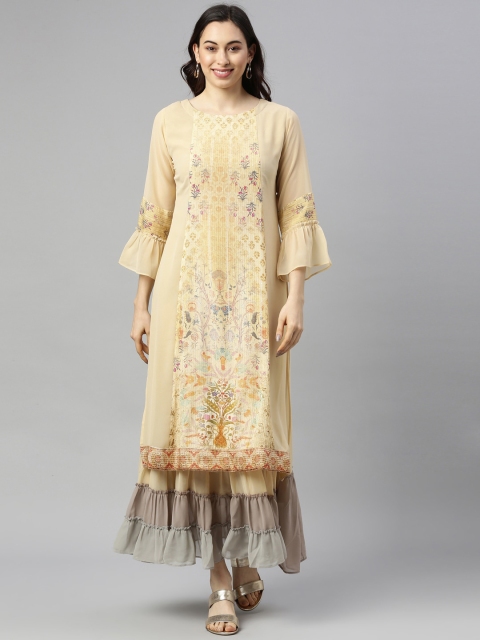 

GOLDSTROMS Women Cream-Coloured Ethnic Motifs Bell Sleeves Georgette Anarkali Kurta