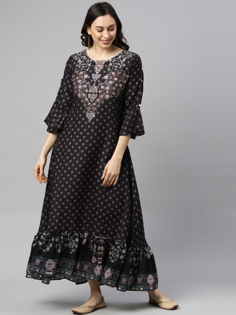 

GOLDSTROMS Black & Pink Ethnic Motifs Ethnic Maxi Dress