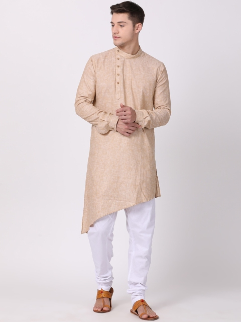 

TABARD Men Beige Striped Printed Asymmetric Cotton Kurta