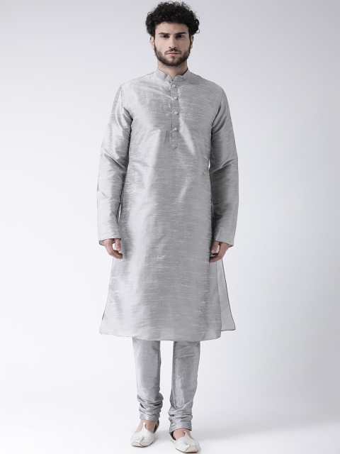 

TABARD Men Silver-Toned Solid Mandarin Collar Dupion Silk A-line Kurta