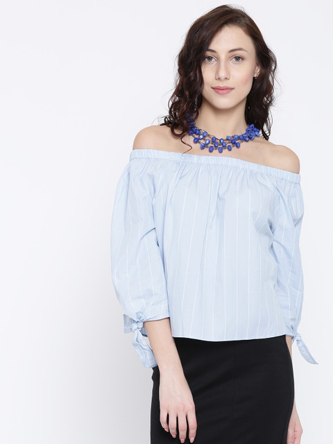 

FOREVER 21 Women Blue Striped Bardot Top