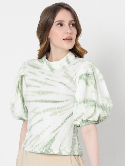 

Vero Moda Green & White Tie and Dye Print Puff Sleeves Top