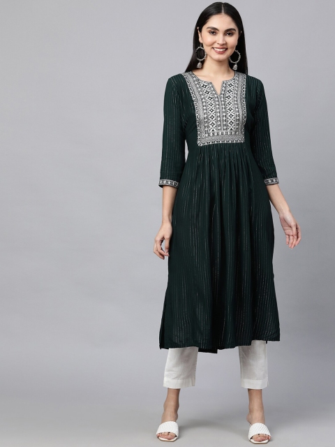 

FASHOR Women Green Yoke Design Embroidered Kurta