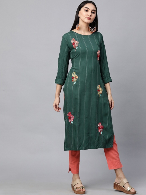 

FASHOR Women Green & Pink Floral Embroidered Thread Work Kurta