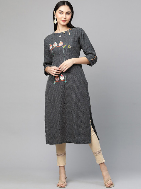 

FASHOR Women Navy Blue Embroidered Thread Work Kurta