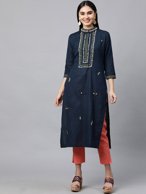 

FASHOR Women Navy Blue & Pink Floral Yoke Design Thread Work Kurta