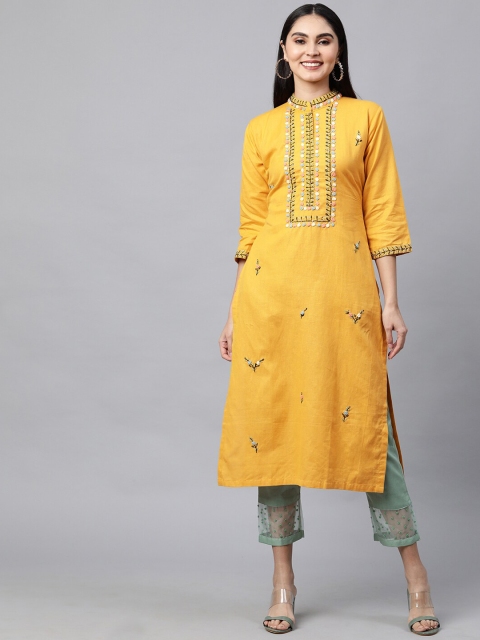 

FASHOR Women Yellow Floral Embroidered Kurta