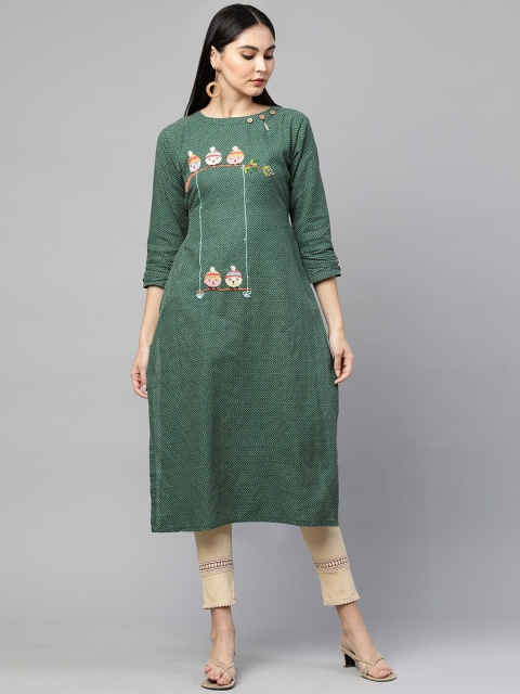 

FASHOR Women Green Quirky Embroidered Boat Neck Straight Kurta