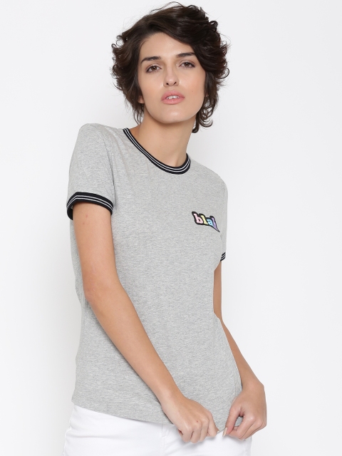 

FOREVER 21 Women Grey Melange Solid Round Neck T-shirt