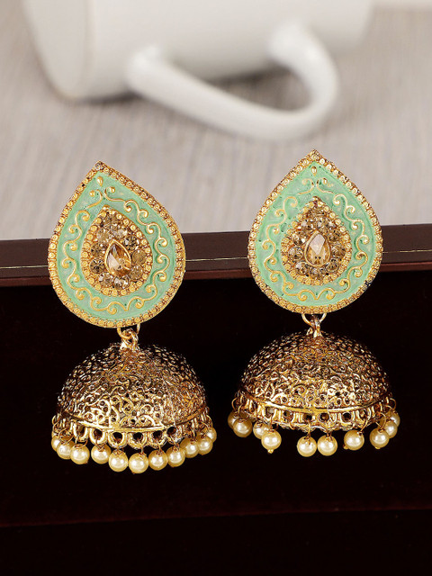 

Shining Diva Gold-Toned & Sea Green Contemporary Jhumkas Earrings
