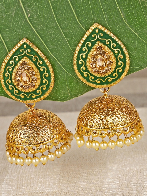 

Shining Diva Gold-Toned & Green Contemporary Jhumkas Earrings