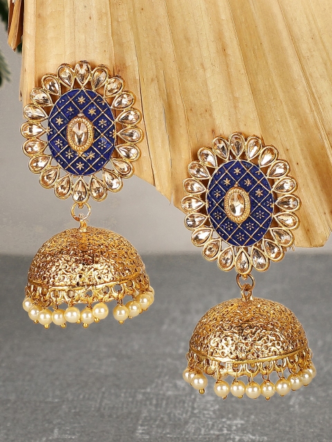 

Shining Diva Blue & Gold-Toned Dome Shaped Jhumkas Earrings