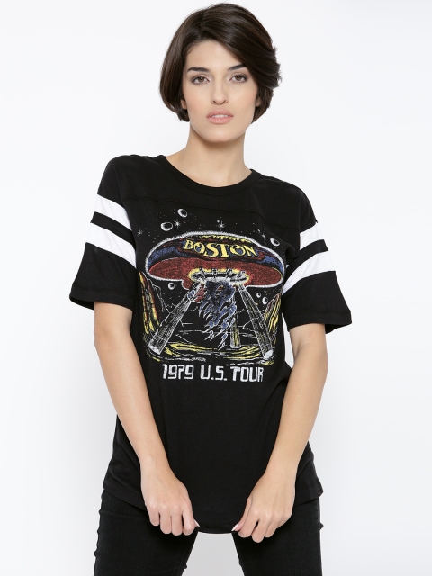 

FOREVER 21 Women Black Printed Round Neck T-shirt