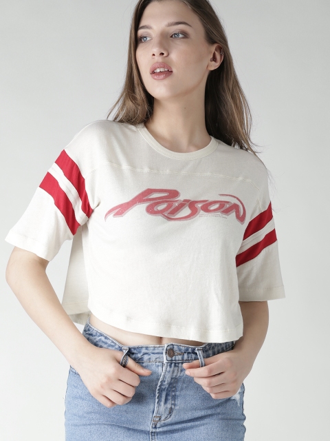 

FOREVER 21 Women Cream-Coloured Printed Round Neck Boxy Crop T-shirt