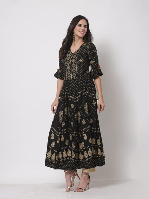 

Myshka Women Black Ethnic Motifs Printed Bell Sleeves Kurta