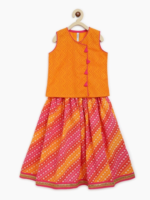 

Campana Girls Orange & Pink Printed Ready to Wear Lehenga &