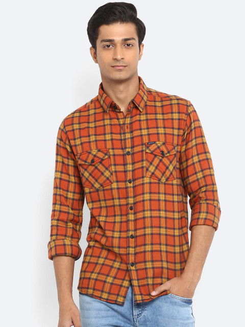 

Mufti Men Orange Slim Fit Tartan Checks Checked Cotton Casual Shirt