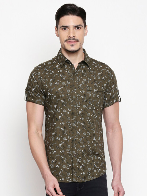 

Mufti Men Olive Green Slim Fit Floral Printed Cotton Casual Shirt