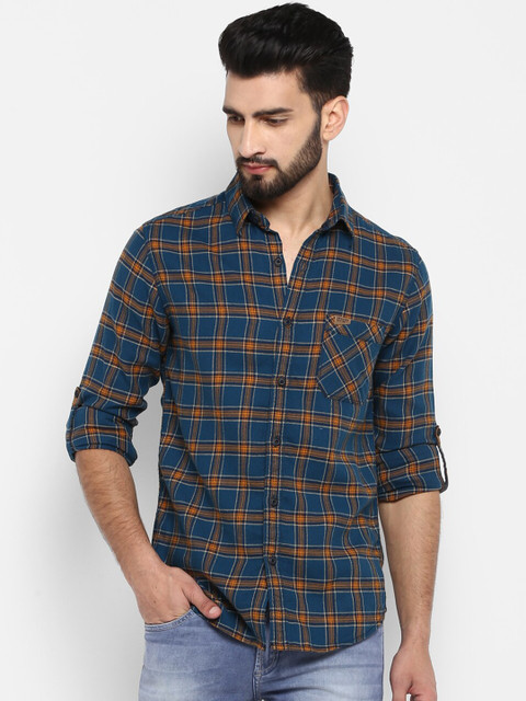 

Mufti Men Teal Slim Fit Tartan Checks Checked Cotton Casual Shirt