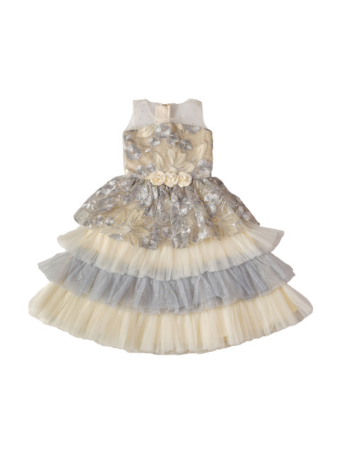 

Enfance Girls Grey & Cream-Coloured Embellished Round Neck Fit & Flare Dresss