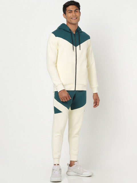 

Bewakoof Men White & Green Colourblocked Hooded Sweatshirt