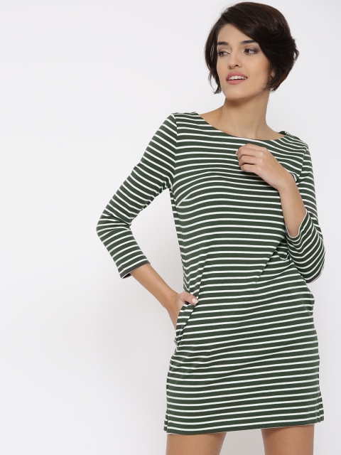 

FOREVER 21 Women Olive Green Striped Sheath Dress