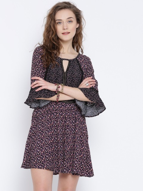

FOREVER 21 Women Black & Pink Printed Fit & Flare Dress