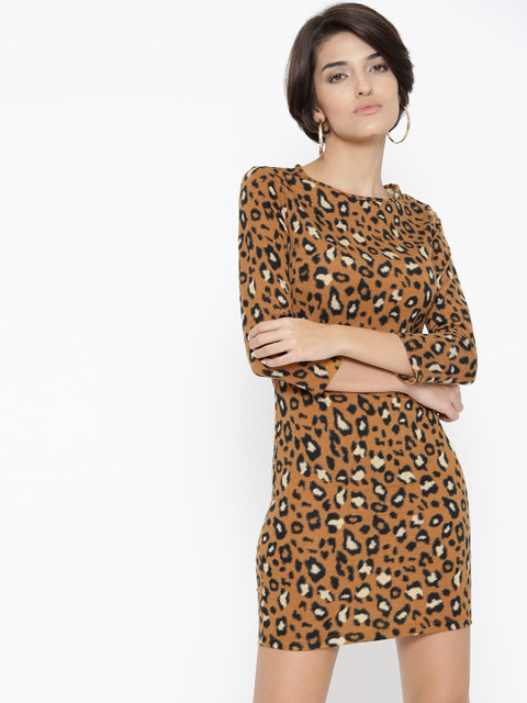 

FOREVER 21 Women Mustard Brown & Black Animal Print Sheath Dress