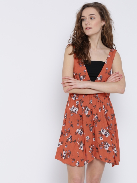 

FOREVER 21 Women Orange Printed A-Line Dress