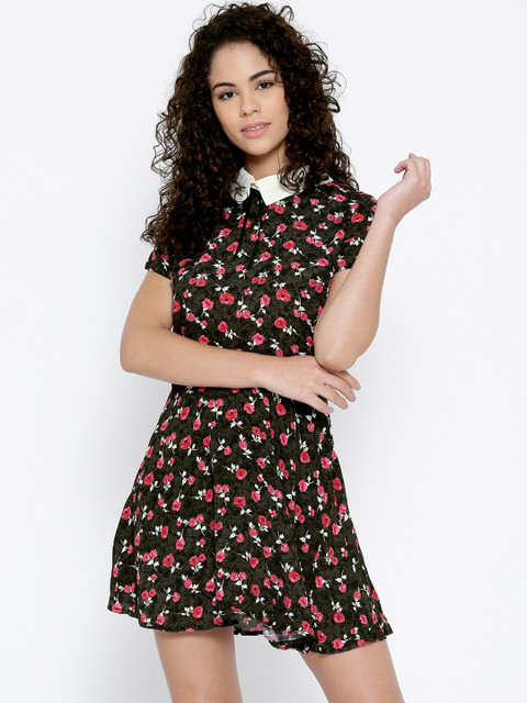 

FOREVER 21 Women Black & Pink Floral Print Fit & Flare Dress