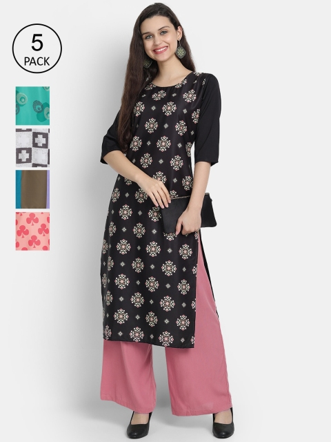 

7Threads Women Pack of 5 Multicoloured Printed Crepe Straight Kurtas, Multi