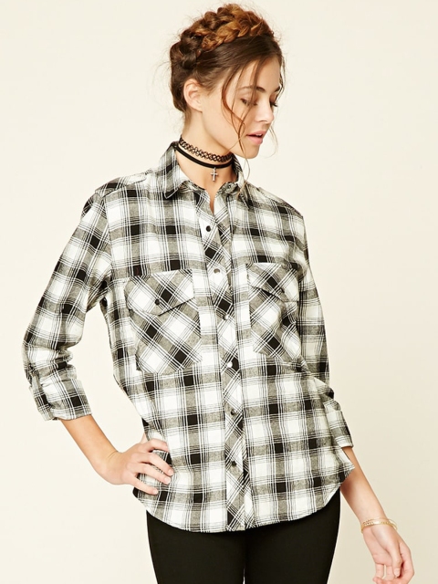 

FOREVER 21 Women Black & Off-White Checked Casual Shirt