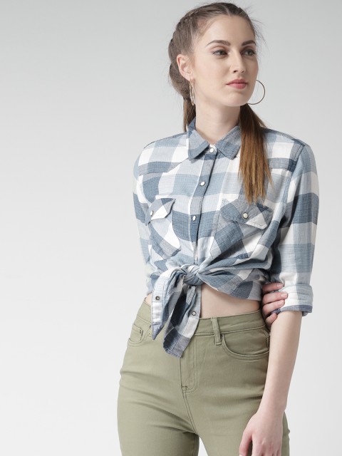 

FOREVER 21 Women Blue & White Checked Shirt