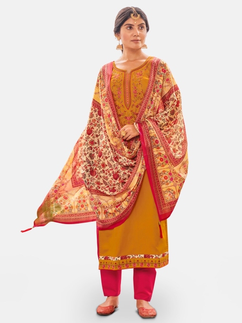 

Kvsfab Mustard & Red Embroidered Unstitched Dress Material