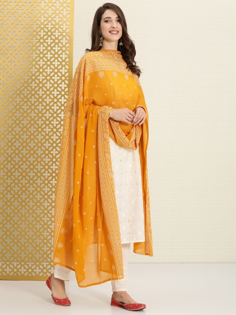 

House of Pataudi Mustard & White Ethnic Motifs Printed Dupatta with Thread Work