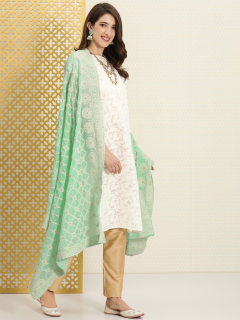 

House of Pataudi Sea Green Checked Chiffon Dupatta with Thread Work