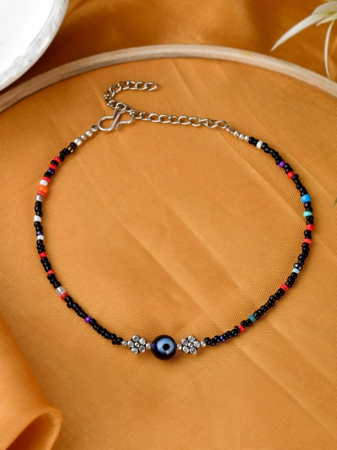 

Silvermerc Designs Silver-Plated & Blue Beaded Evil Eye Adjustable Chain Anklet