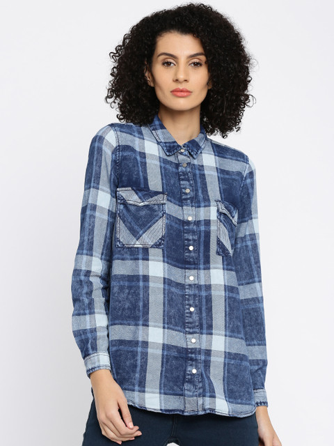 

ONLY Women Blue Checked Casual Shirt
