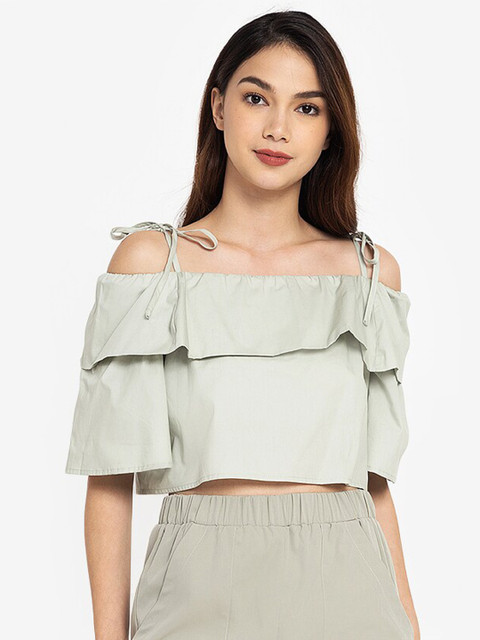 

ZALORA BASICS Green Solid Cold Shoulder Pure Cotton Crop Top