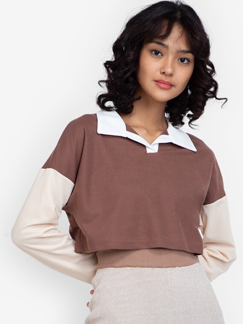 

ZALORA BASICS Brown & Off-White Polo-Collar Crop Top