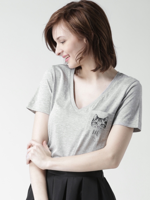 

FOREVER 21 Women Grey Melange Solid V-Neck T-shirt