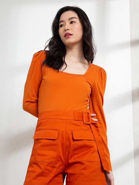 

Zalora Orange Square Neck Puff Sleeves Top